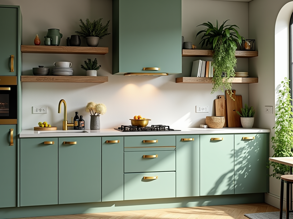 Chic Sage Green Cabinets with Brass Hardware