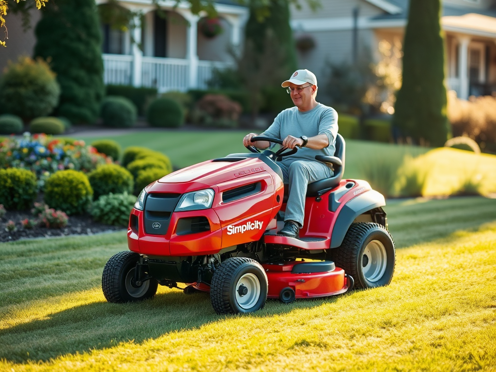 Create a realistic image of a red Simplicity riding lawn mower on a well-manicured suburban lawn, with neatly trimmed grass and precisely edged borders, showcasing efficiency in lawn care. The mower is in action, operated by a middle-aged white male wearing a cap and casual clothing. In the background, a beautiful, tidy garden and a partial view of a house are visible. The scene is bathed in warm sunlight, emphasizing the pristine condition of the lawn.