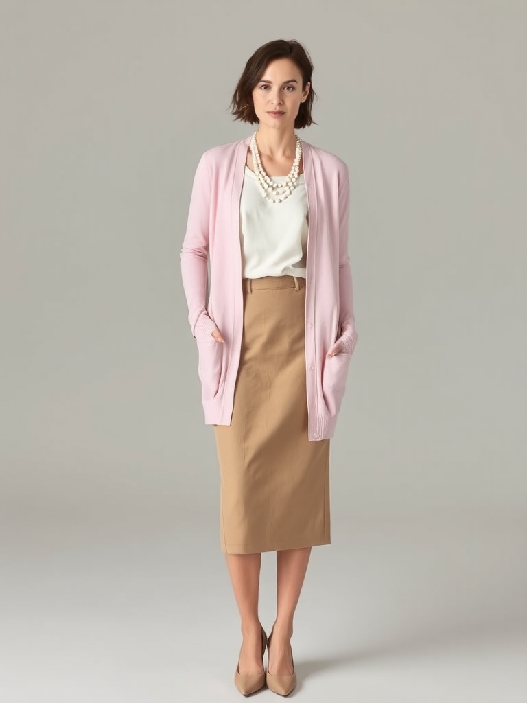 Woman in preppy cardigan and pearls outfit