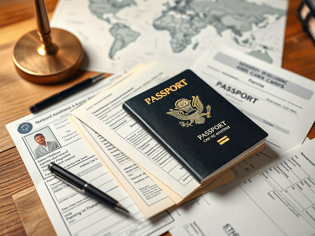 Create a realistic image of a passport resting on top of various official documents such as birth certificates, ID cards, and application forms, with a pen and a world map in the background, all arranged neatly on a wooden desk in warm, soft lighting.