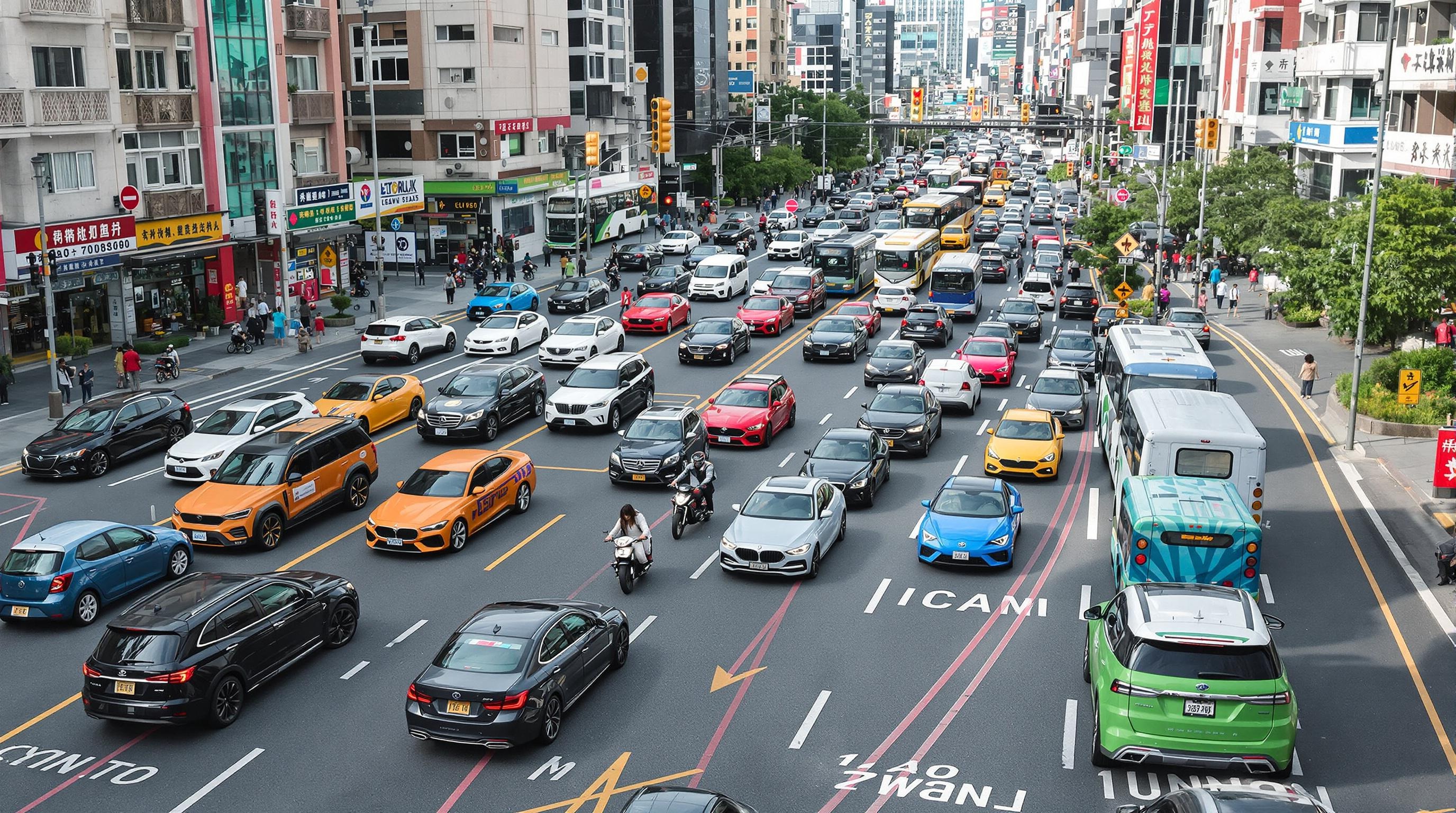 create a image which has 4 types of vehicles and has minimum 10 vehicles