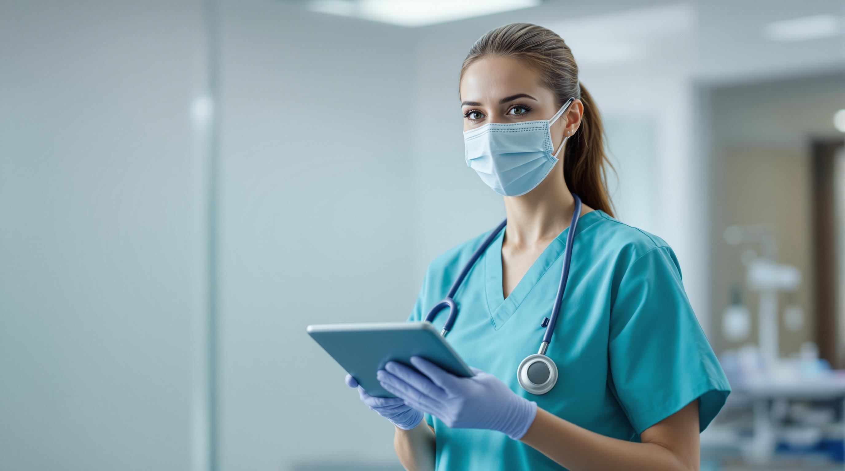 Dedicated Nurse in Hospital Setting A nurse in a hospital setting, wearing scrubs and a stethoscope, caring for a patient.