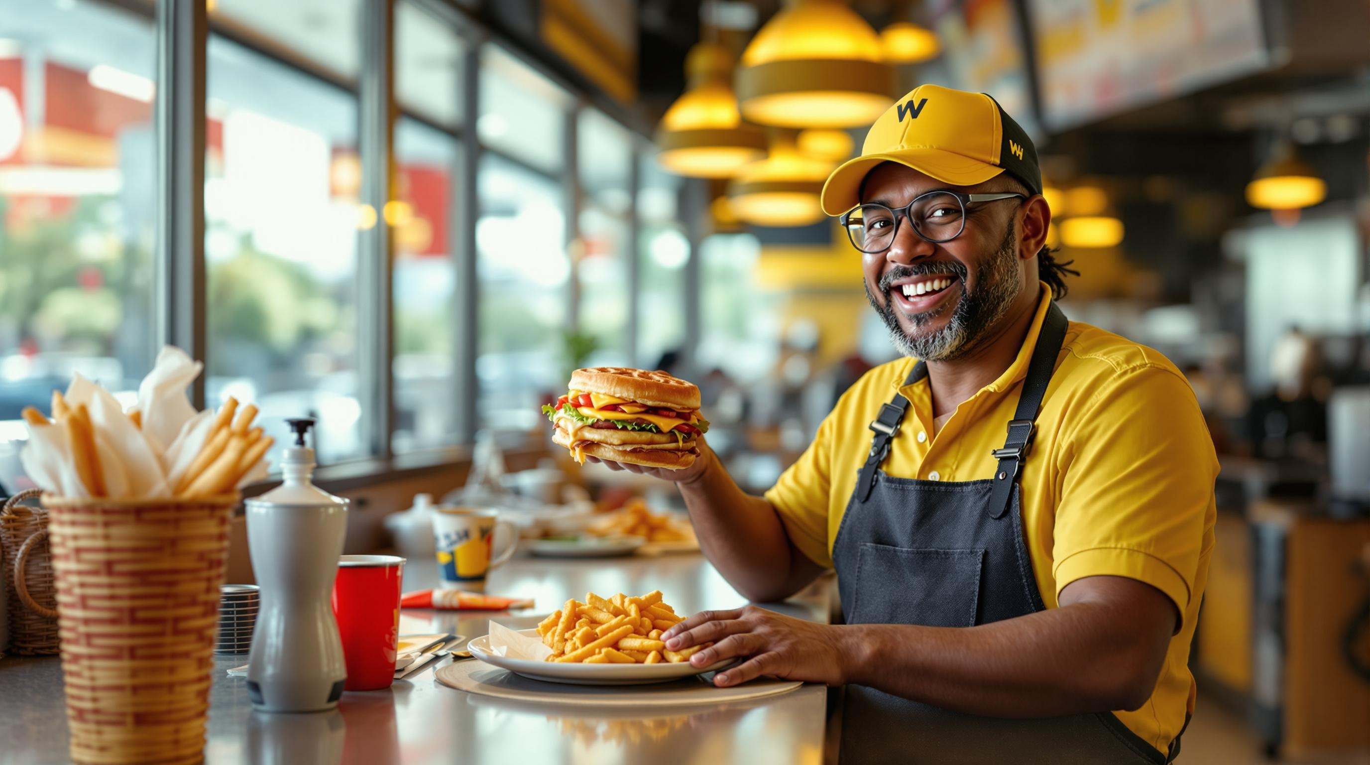 Ultra Realistic Waffle House Employee A lifelike image of a Waffle House employee in uniform, standing behind the counter ready to take orders.