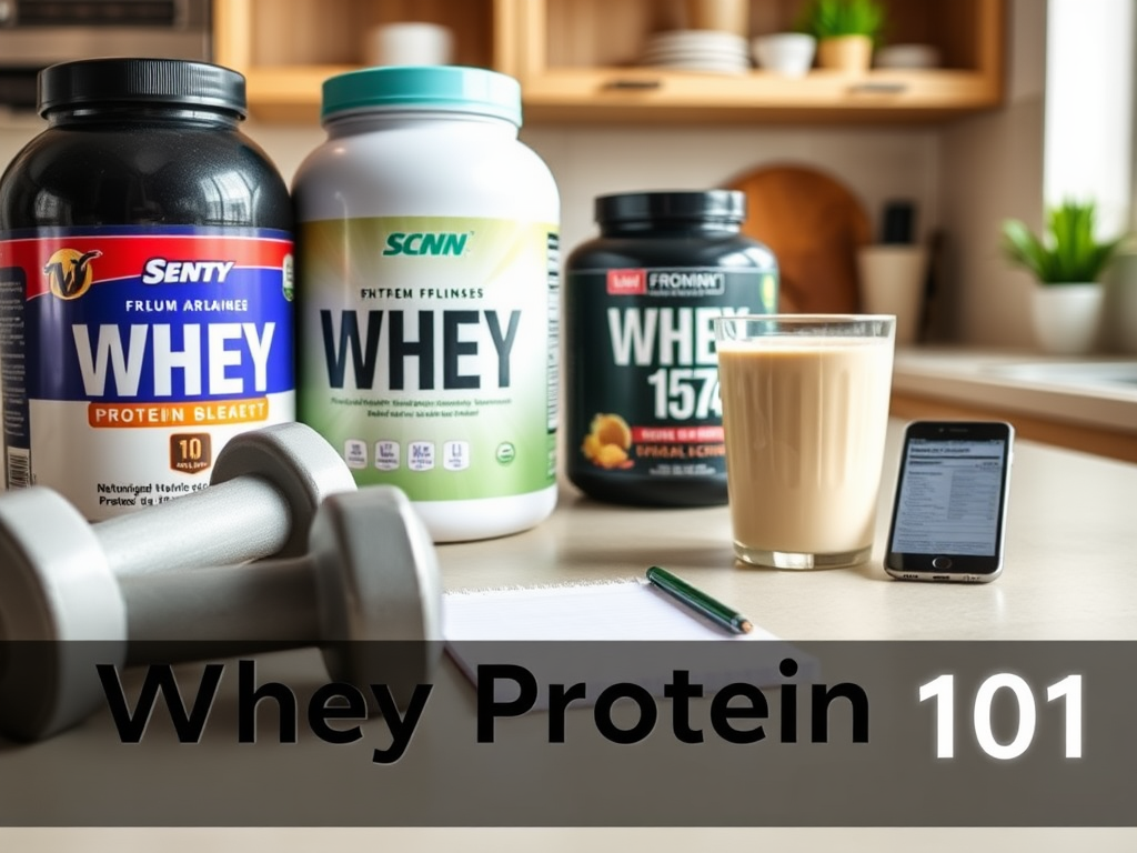 Create a realistic image of a kitchen counter with various whey protein containers, a glass of protein shake, and a dumbbell. The protein containers should display different brand names mentioned in the outline. Include a notepad with a pencil nearby, suggesting comparison and research. Add a smartphone showing a nutrition label on its screen. The lighting should be bright and inviting, creating a clean and informative atmosphere. Include the text "Whey Protein 101" in a clear, readable font in the foreground.
