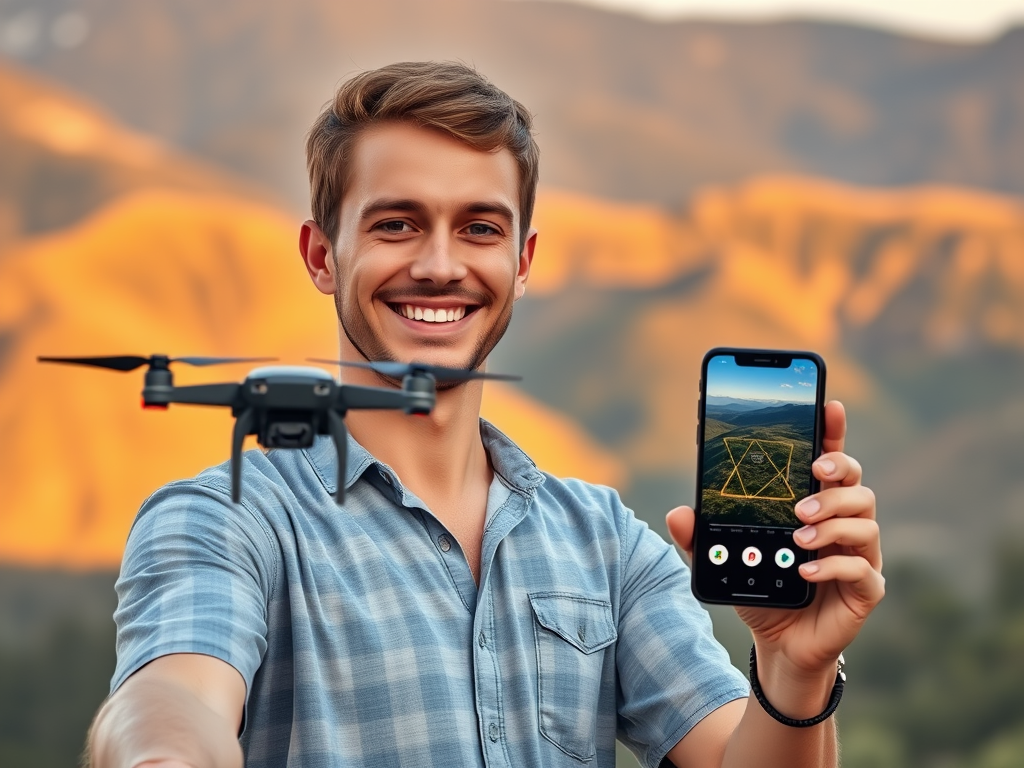 Create a realistic image of a smiling young white male holding a small, sleek selfie drone in one hand and a smartphone displaying a tracking app in the other, standing in a scenic outdoor setting with mountains in the background, warm sunset lighting illuminating the scene.