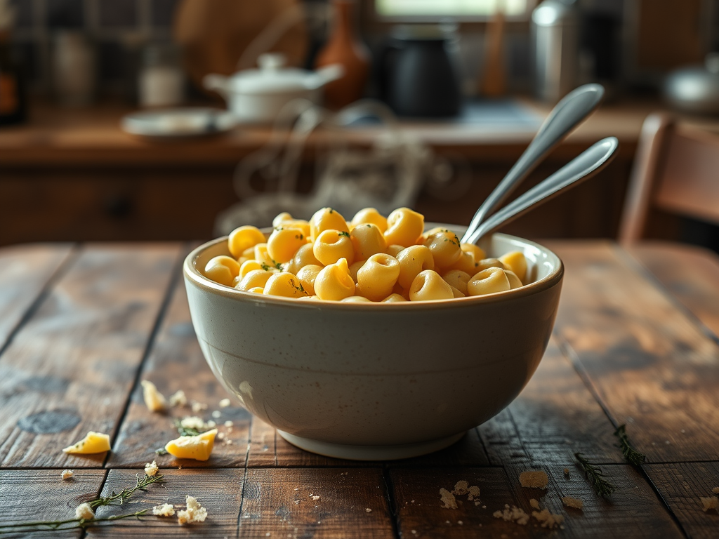 Create a realistic image of a steaming bowl of creamy, golden mac and cheese on a rustic wooden table, with a spoon resting on the side of the bowl, surrounded by scattered herbs and breadcrumbs, and a warm, ambient kitchen lighting creating a cozy atmosphere.