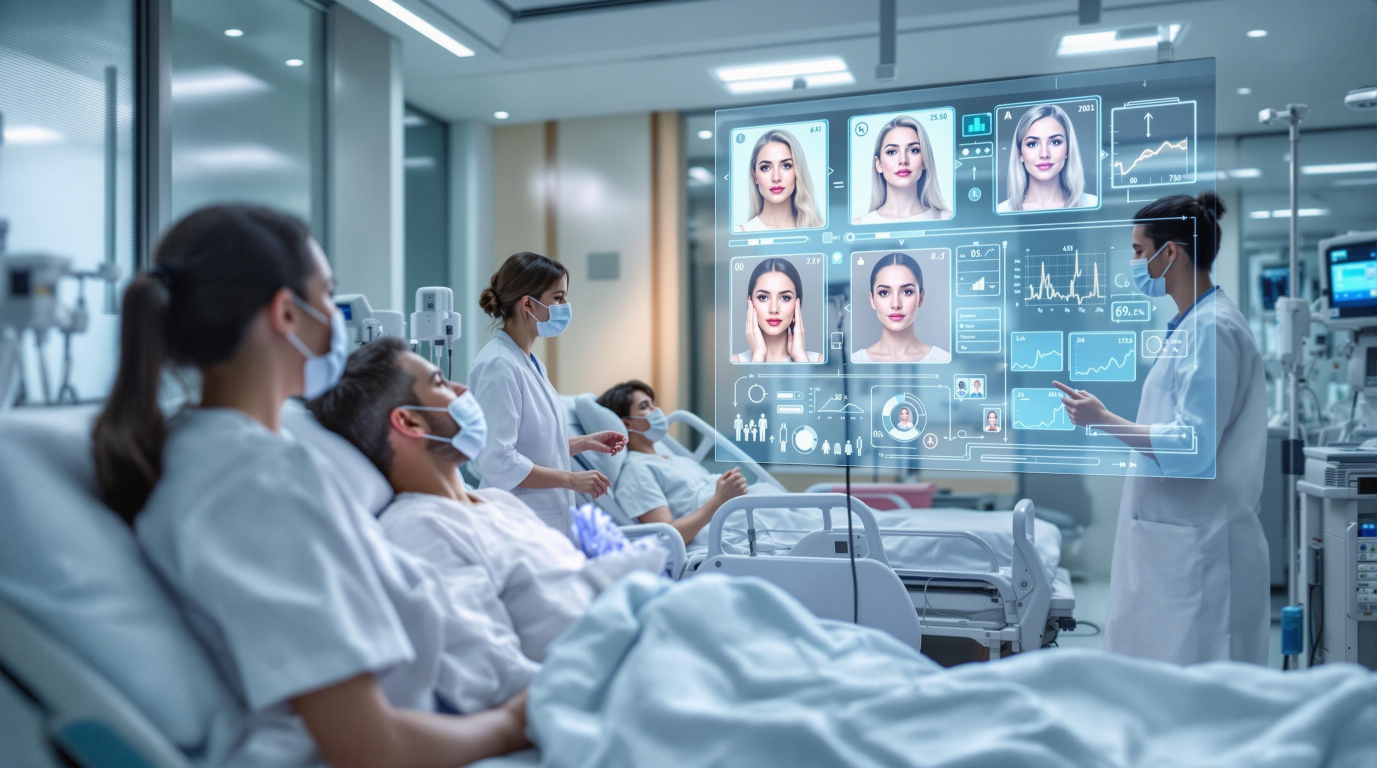Modern hospital setting with AI-powered emotion detection interface analyzing patient facial expressions and vital signs, healthcare professionals monitoring digital emotional dashboards, clean and professional style, diverse patients, 16:9 aspect ratio