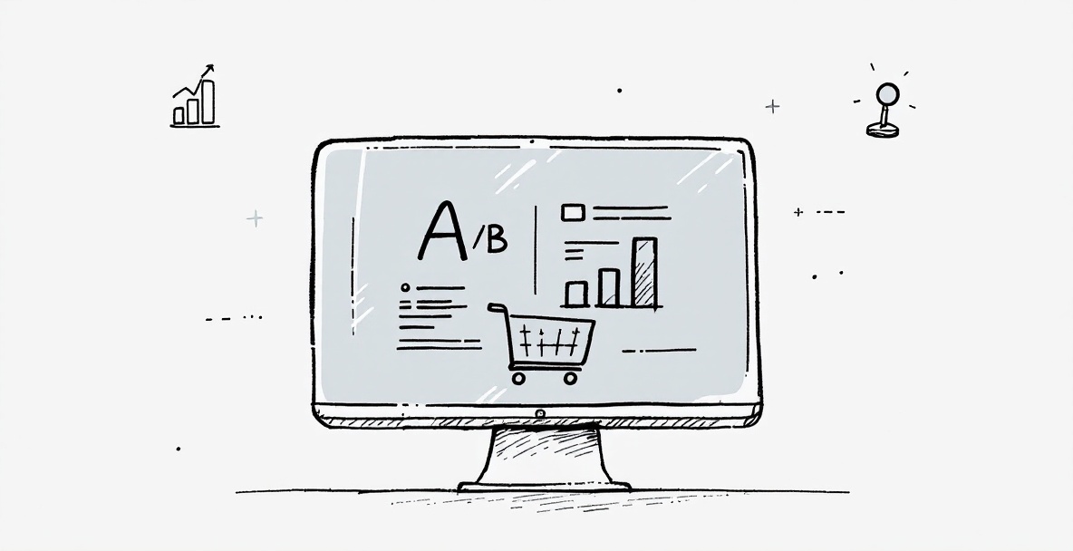 Minimalistic sketch of a VWO A/B testing dashboard with growth marketing icons.