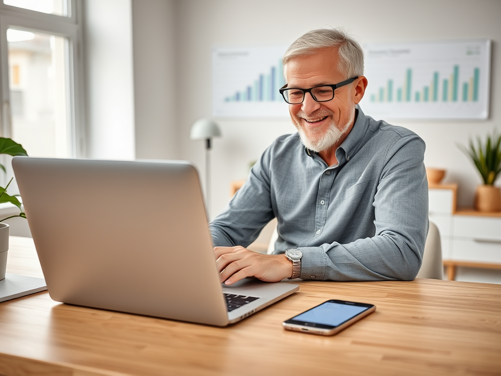 Create a realistic image of a smiling white male entrepreneur sitting at a modern desk, looking at a laptop screen displaying a business bank statement. A smartphone with a banking app open lies next to the laptop. The background shows a bright, well-organized home office with financial charts on the wall.