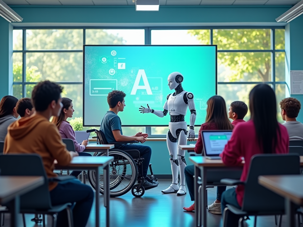 Imagine a futuristic classroom setting where diverse students, including those with disabilities, are engaged in a highly interactive and personalized learning environment assisted by AI. The scene is set in a vibrant classroom with large digital screens displaying adaptive learning content. In the center, a holographic AI teacher, depicted as a friendly, approachable humanoid robot, is assisting a wheelchair-bound student and others from various ethnic backgrounds. The room is filled with advanced gadgets like AI-powered tablets and virtual reality headsets. The background shows a panoramic window overlooking a green, sustainable campus. The lighting is bright and welcoming, highlighting the facial expressions of engagement and curiosity among the students. The mood conveys a sense of optimism and forward-thinking. Artistic style is semi-realistic with a touch of digital art flair, emphasizing smooth textures and a futuristic feel. The color palette includes shades of blue and green to suggest a calm and nurturing atmosphere, punctuated with vibrant tech-inspired neon accents to symbolize innovation and excitement. This cover image will vividly portray the revolutionizing impact of AI in education, emphasizing diversity, accessibility, and futuristic technology.