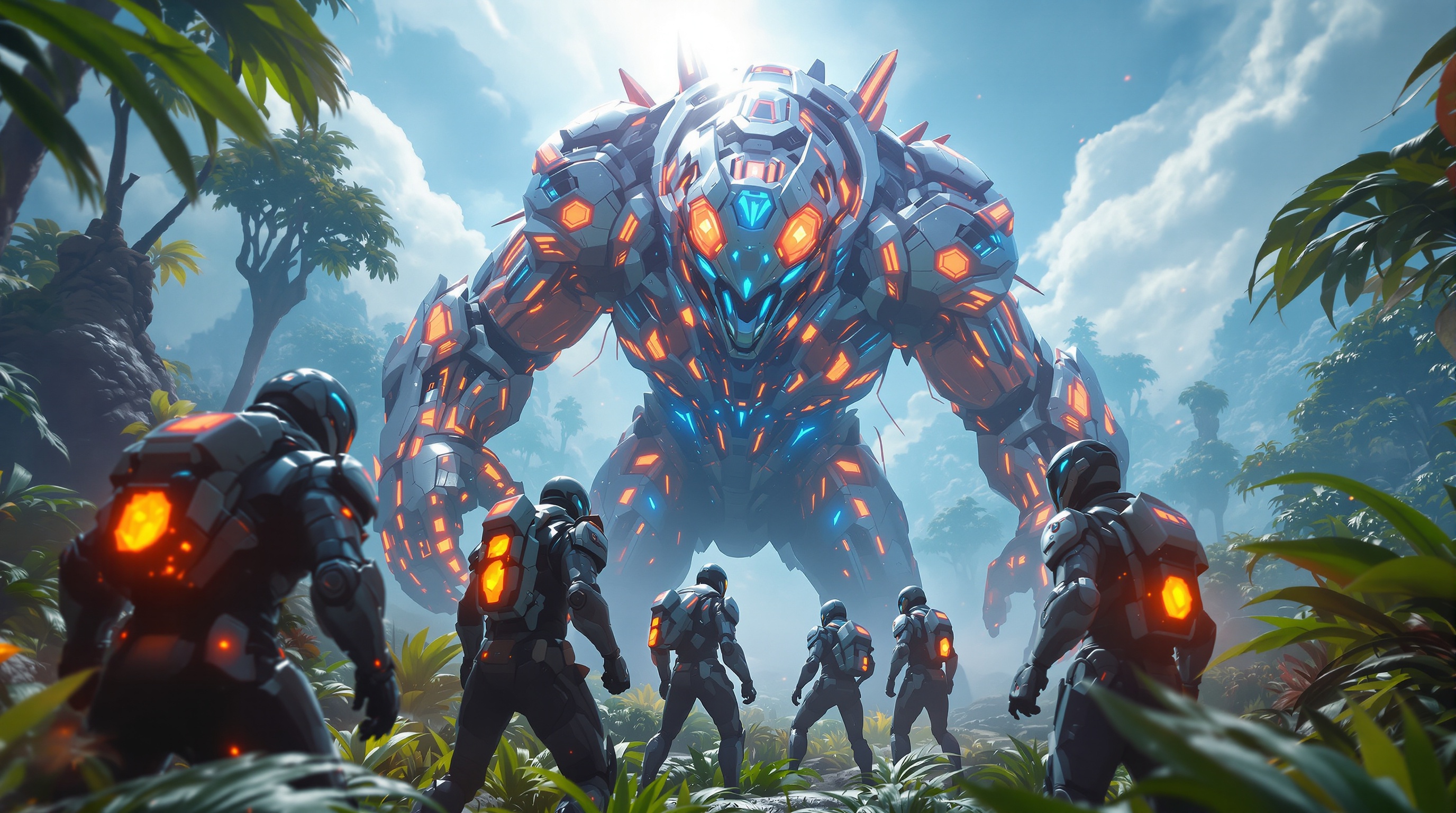 Combate cooperativo en Titan Isles: Jugadores enfrentándose a un Titán usando los Exo Trajes Storm y Goliath