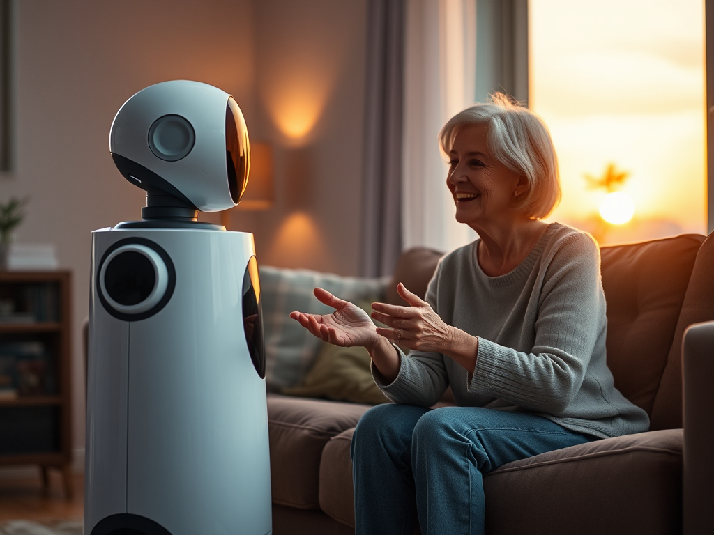 Create a realistic image of Amazon's Astro robot, a white cylindrical device with a digital display "face", in a modern living room setting. The robot is facing a middle-aged white woman sitting on a couch, who is smiling and gesturing towards it. The room has warm, ambient lighting, and through a nearby window, a sunset is visible, creating a cozy atmosphere.