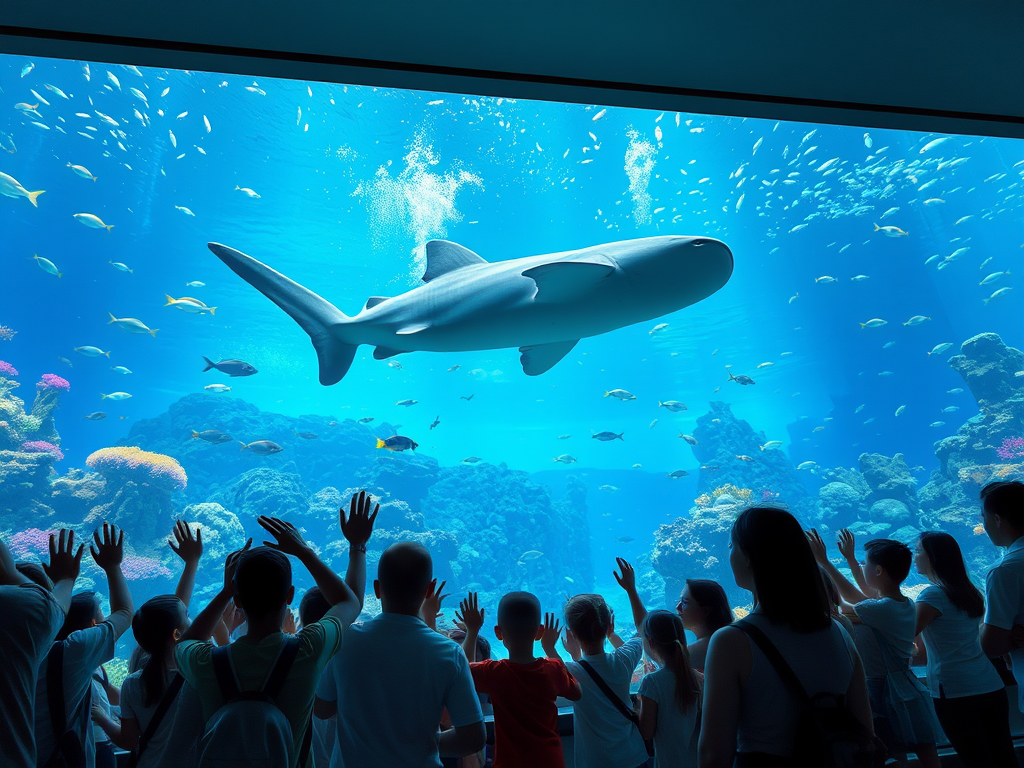 Create a realistic image of a large, modern aquarium tank with vibrant coral reefs and diverse tropical fish, featuring a giant whale shark swimming gracefully in the background. The foreground shows excited visitors, including families with children, pressing against the glass, their faces illuminated by the blue glow of the tank. The aquarium's interior is dimly lit to emphasize the underwater ambiance, with informational plaques visible near the tank.