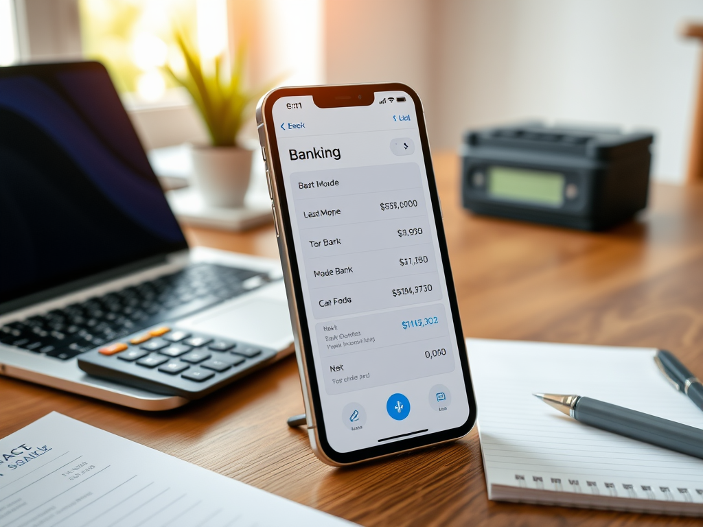 Create a realistic image of a smartphone displaying a banking app with a clear bank statement visible on the screen, placed on a wooden desk next to a laptop and a calculator, with a pen and notepad nearby, in a well-lit home office setting.