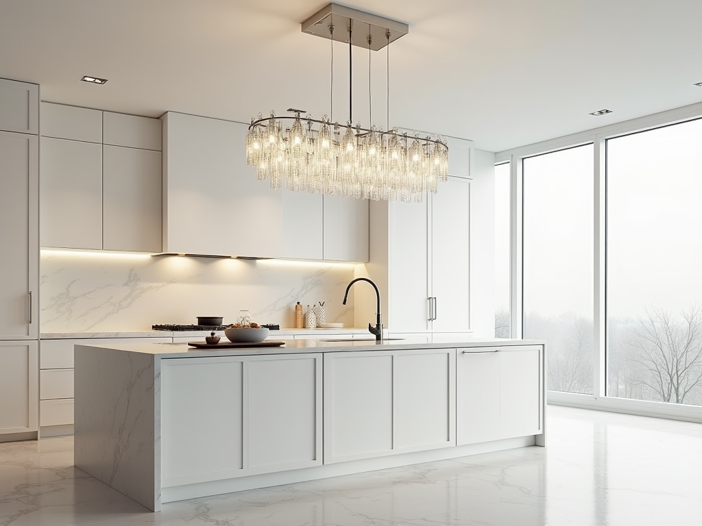 Chic Elegance: Minimalist Kitchen with Crystal Chandelier