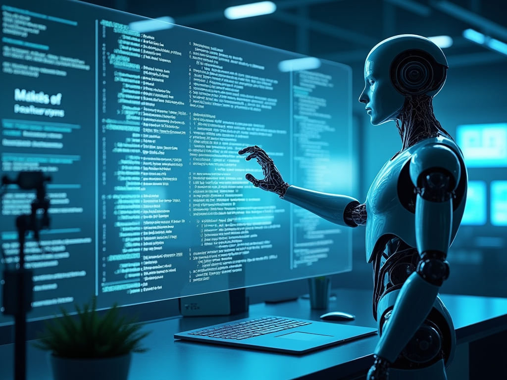Imagine a futuristic AI lab bustling with activity, central to the composition is a large, transparent holographic display showing flowing lines of code evolving and refining themselves. In the foreground, a humanoid robot with a sleek, silver design, touches part of the hologram, symbolically 'enhancing' the code. The background features an array of monitors and digital interfaces, each displaying different aspects of AI development like machine learning models and natural language processing diagrams. The scene is illuminated by a soft, ambient blue light that casts dynamic shadows and highlights the advanced technology environment. The atmosphere conveys a blend of mystery and innovation, hinting at the potential and challenges of self-enhancing AI. The color palette includes metallic silver, deep blue, and electric cyan, creating a cool, tech-savvy vibe. The artistic style merges realism with digital art, providing a sense of depth and sophistication appropriate for the cover of a paper on autonomous AI innovations.