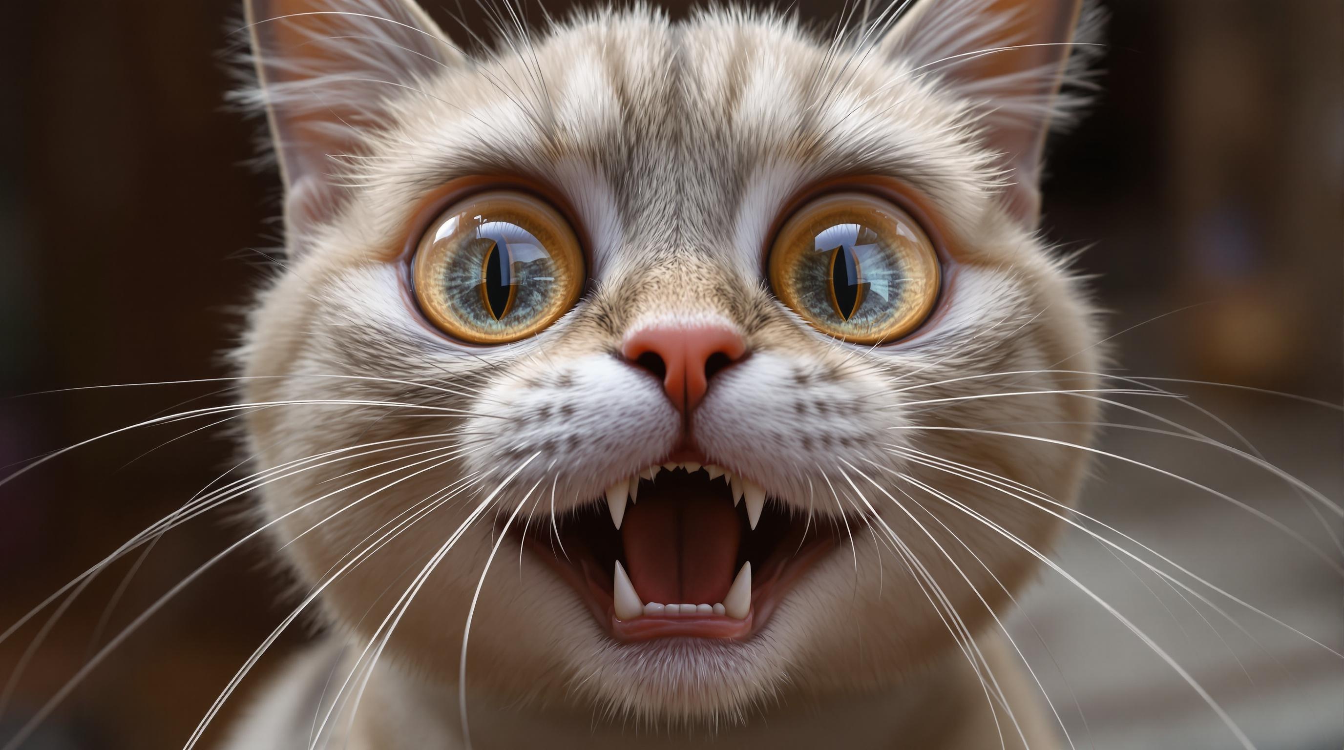 3D cat with big eyes and open mouth.
