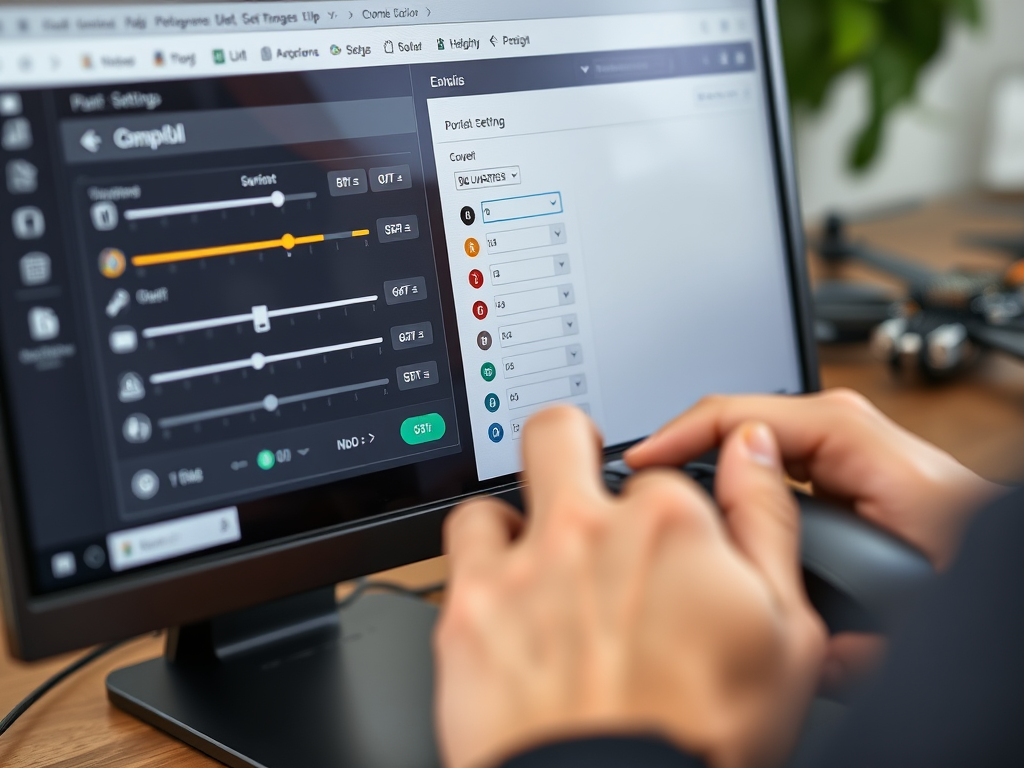 Create a realistic image of a close-up view of a computer screen displaying Betaflight configuration software interface, with various sliders, graphs, and settings visible. A white male hand is seen adjusting settings with a mouse. In the background, a partially assembled drone frame with exposed electronics is visible, slightly out of focus.