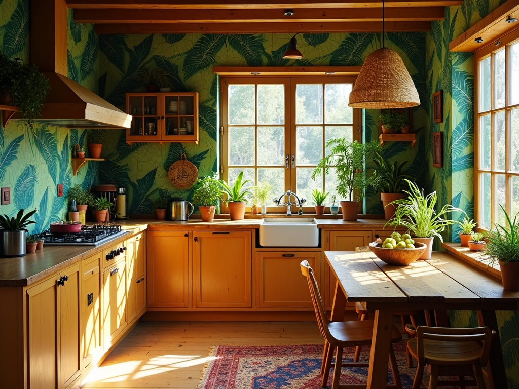 Tropical Bliss: Rustic Kitchen with Palm Leaf Wallpaper