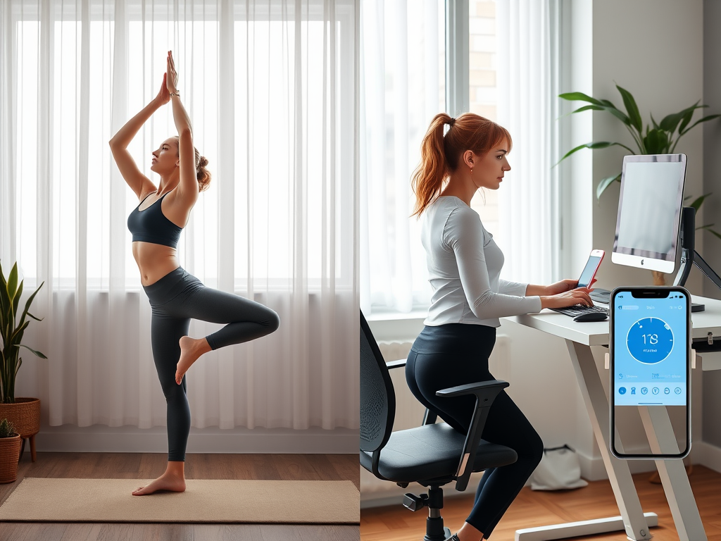 Create a realistic image of a split-screen view showing a white female in athletic wear performing a morning yoga pose on one side and the same woman working at a desk with a standing desk converter on the other side, emphasizing the integration of movement throughout the day, with a smartphone displaying a fitness app visible in both scenes.