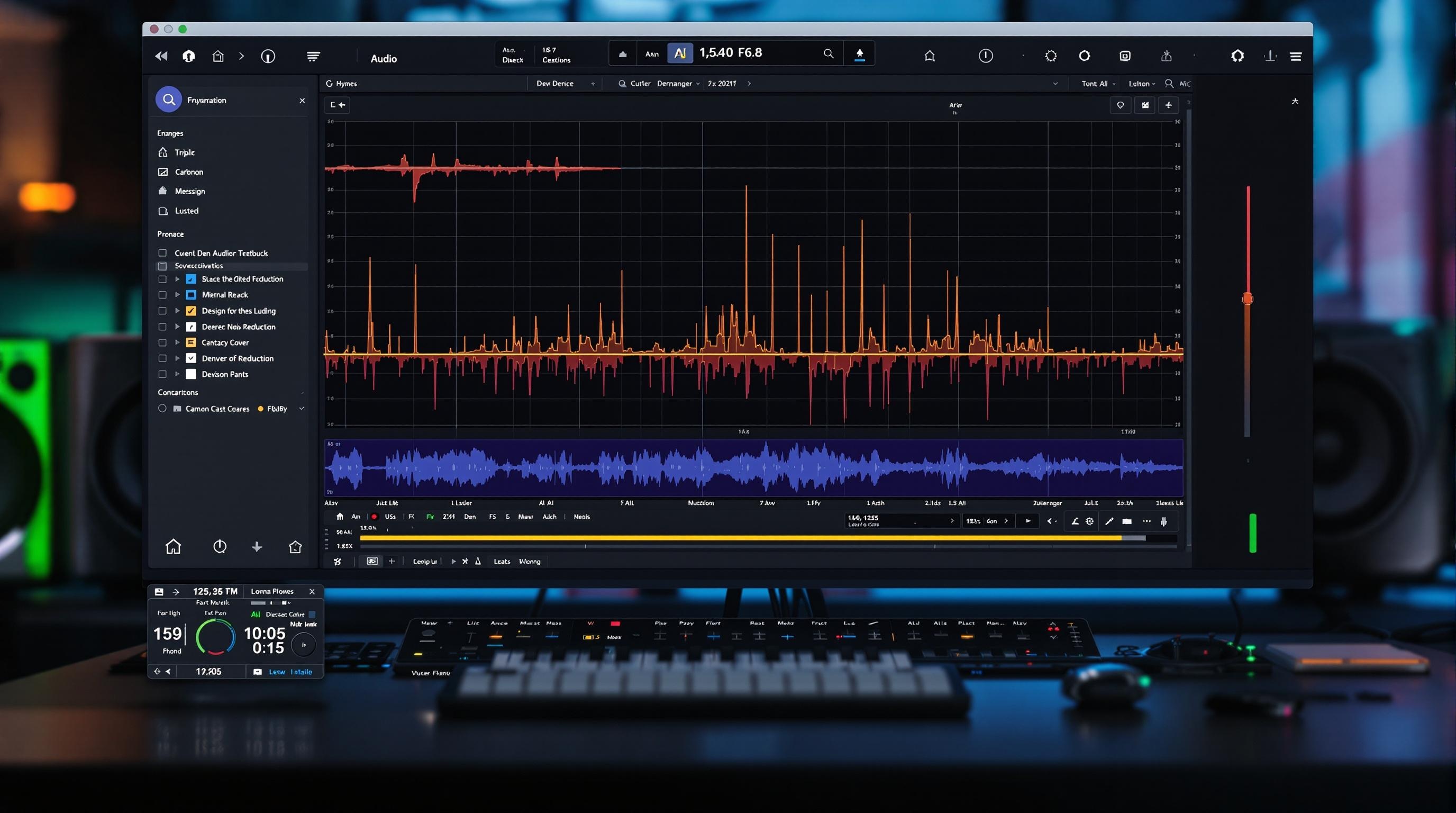 Futuristic concept of AI-driven audio enhancement, abstract sound waves merging with digital neural network patterns, innovative and immersive audio technology visuals, clean and modern look, 16:9 aspect ratio, no text