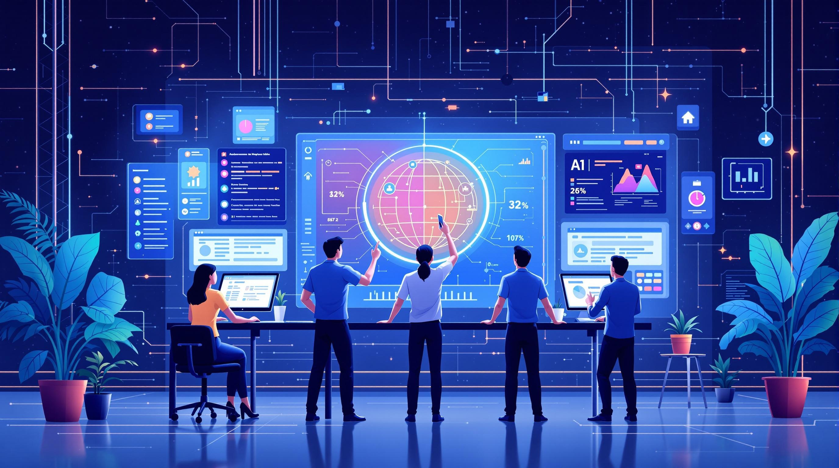 Professional illustration of a collaborative software development team refining AI prompts on digital interfaces, with visual cues of workflow optimization, teamwork, and AI model outputs, modern workspace, clean and tech-forward design, 16:9 aspect ratio