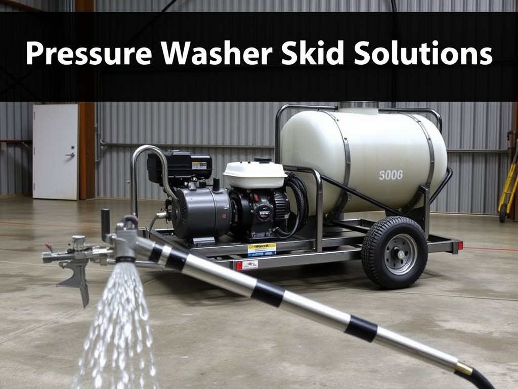 Create a realistic image of a powerful pressure washer skid mounted on a sturdy metal frame with a large water tank, showing various components like a high-pressure pump, engine, and hoses. The skid is positioned in an industrial setting with a concrete floor and metal walls. A spray gun with water flowing from it is visible in the foreground. The text "Pressure Washer Skid Solutions" appears prominently above the setup.