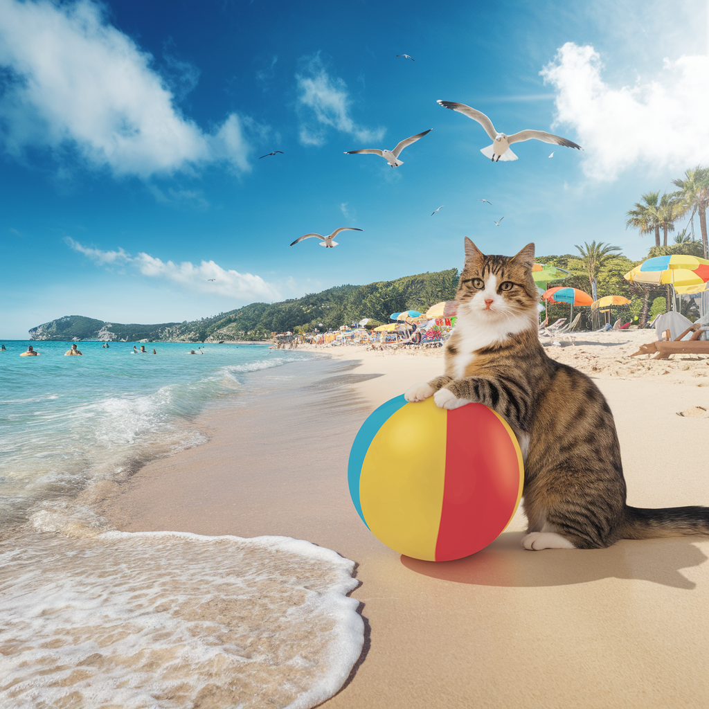 A playful cat is sitting on the right side of a vibrant beach ball, situated on a sunny, sandy beach. The beach is dotted with sunbathers and colorful umbrellas. Waves gently lap at the shore, and a pristine blue sky is adorned with a few fluffy white clouds. Seagulls soar overhead, adding to the lively and carefree atmosphere.