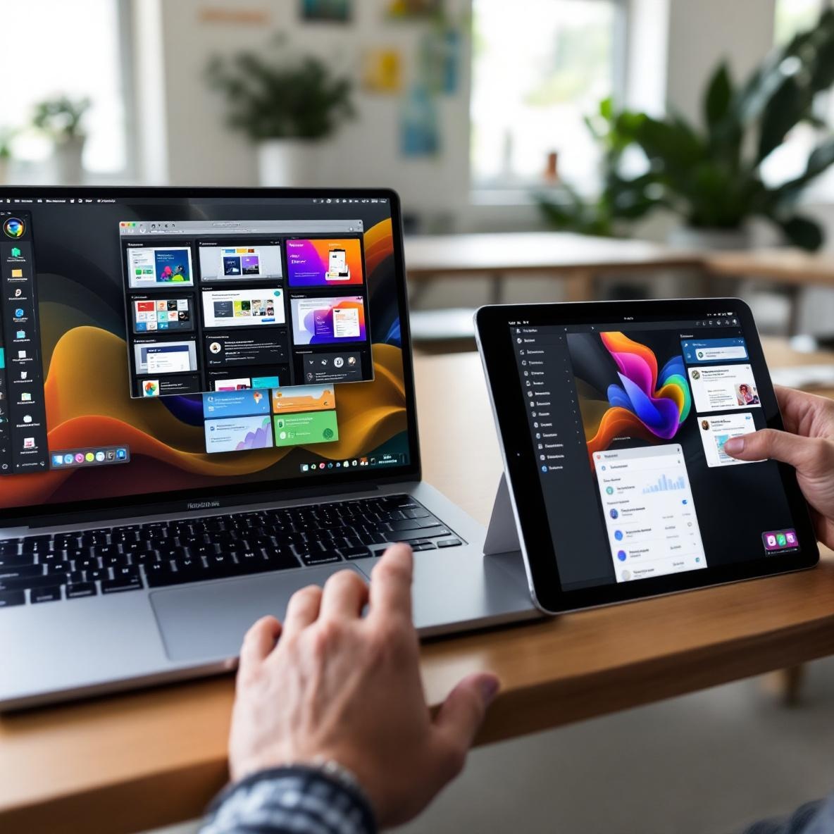 A workspace featuring a laptop and tablet with productivity applications visible, illustrating the use of different platforms in a bright modern office.