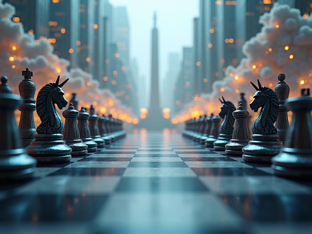 Visualize a symbolic representation of the US-China tech war in a futuristic, slightly dystopian style. The foreground features a giant, metallic chessboard that spans across the center, with highly detailed, robotic chess pieces styled as American and Chinese iconic landmarks (like the Statue of Liberty and the Great Wall) strategically positioned against each other. Above the chessboard, digital clouds loom, dynamically displaying snippets of AI code and semiconductor circuits, symbolizing the battleground of technology. The background shows a blurred cityscape of Washington D.C. merging into Beijing, illustrating the interconnected yet competitive nature of both nations. The color palette is dominated by cold metallic blues and grays for the chessboard and pieces, contrasted with the warm gold and red tones in the digital clouds, reflecting tension and rivalry. The lighting is dramatic, with a spotlight emphasizing the central chess piece confrontation, and the mood is intense yet contemplative, capturing the strategic and high-stakes atmosphere of the tech conflict. The artistic style blends photorealism with elements of digital art, emphasizing sharp, clean lines and reflective surfaces to enhance the futuristic theme.