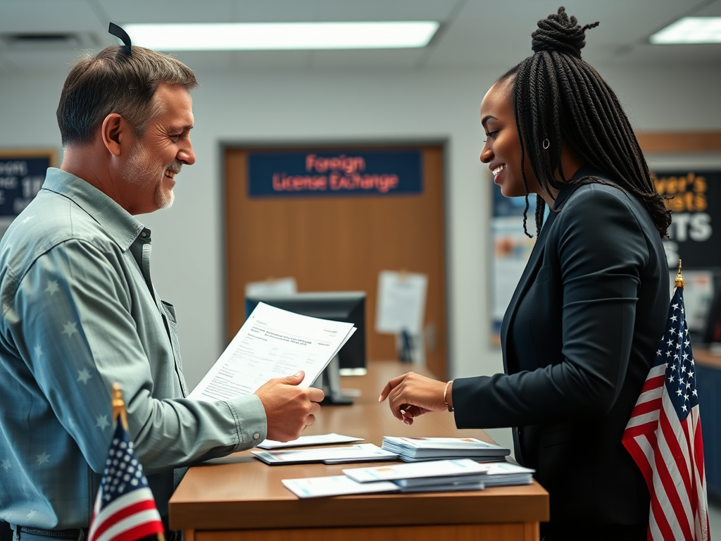 Create a realistic image of a DMV office interior with a counter, where a smiling white male customer is handing over documents to a helpful African American female clerk. In the background, there are visible signs for "Foreign License Exchange" and "Driver's Tests". On the counter, place a US flag and a collection of international driver's licenses. The lighting should be bright and official, typical of a government office.