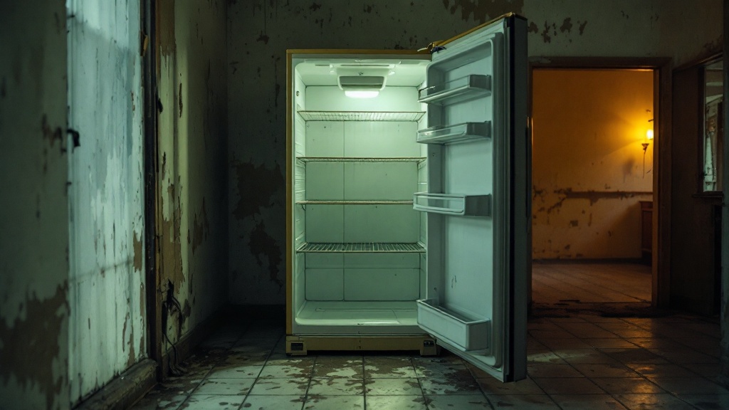 Empty refrigerator in impoverished home environment
