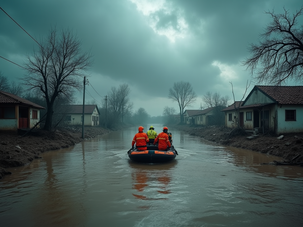 Visualize a dramatic and poignant scene depicting Spain's catastrophic flash floods in the Valencia region. The image should capture the overwhelming impact of the floods, showing a wide, devastated landscape with submerged homes and uprooted trees. The foreground should feature a group of emergency responders in vibrant orange and yellow gear, navigating through muddy waters in a rescue boat, searching for survivors. The background reveals a dark, stormy sky filled with heavy clouds, reflecting the intense 'gota fría' phenomenon. Include distant figures of residents on rooftops, signaling for help. The scene is illuminated by a somber, diffused light, casting long shadows and highlighting the textures of the water and debris. The color palette should consist of deep blues and grays for the water and sky, contrasted with the bright orange and yellow of the rescue gear, and muted earth tones for the devastated environment. Opt for a realistic, photojournalistic style to convey the urgency and realism of the situation, with a focus on sharp details and a deep visual field to emphasize the scale of the disaster.