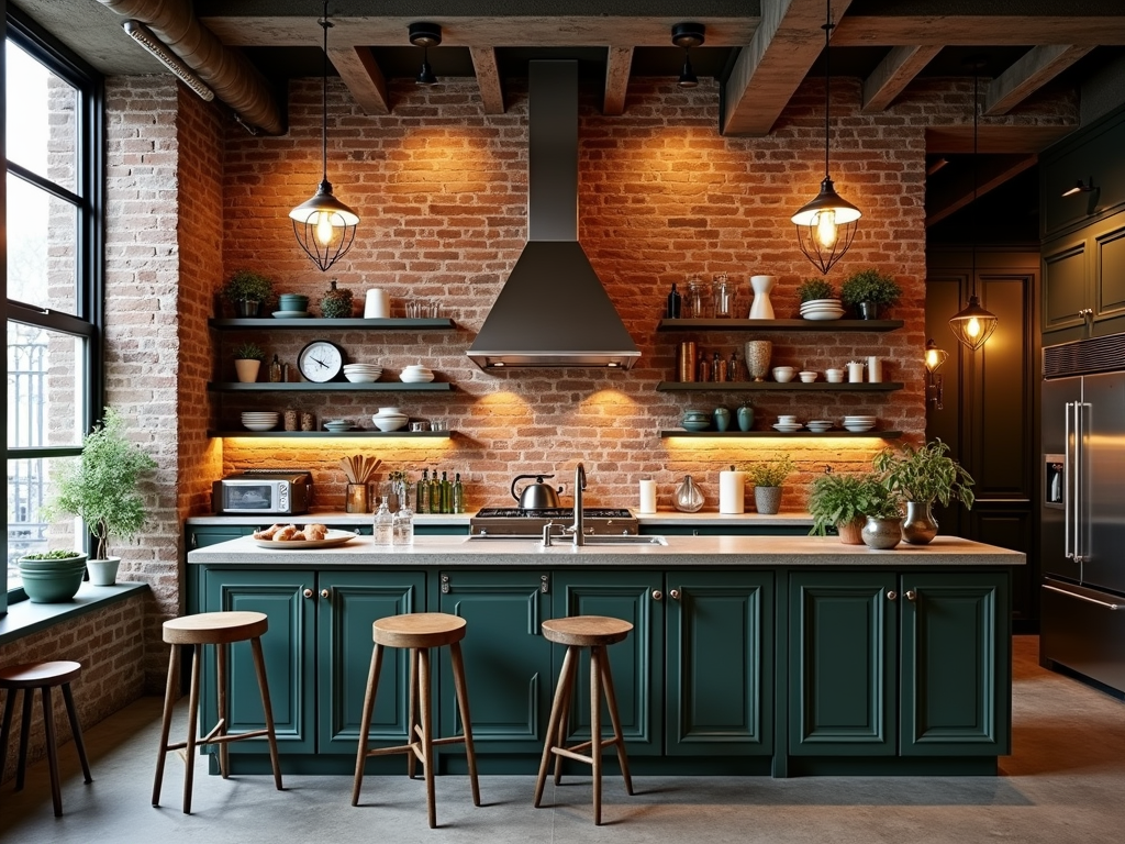 Urban chic loft style kitchen with exposed brick wall