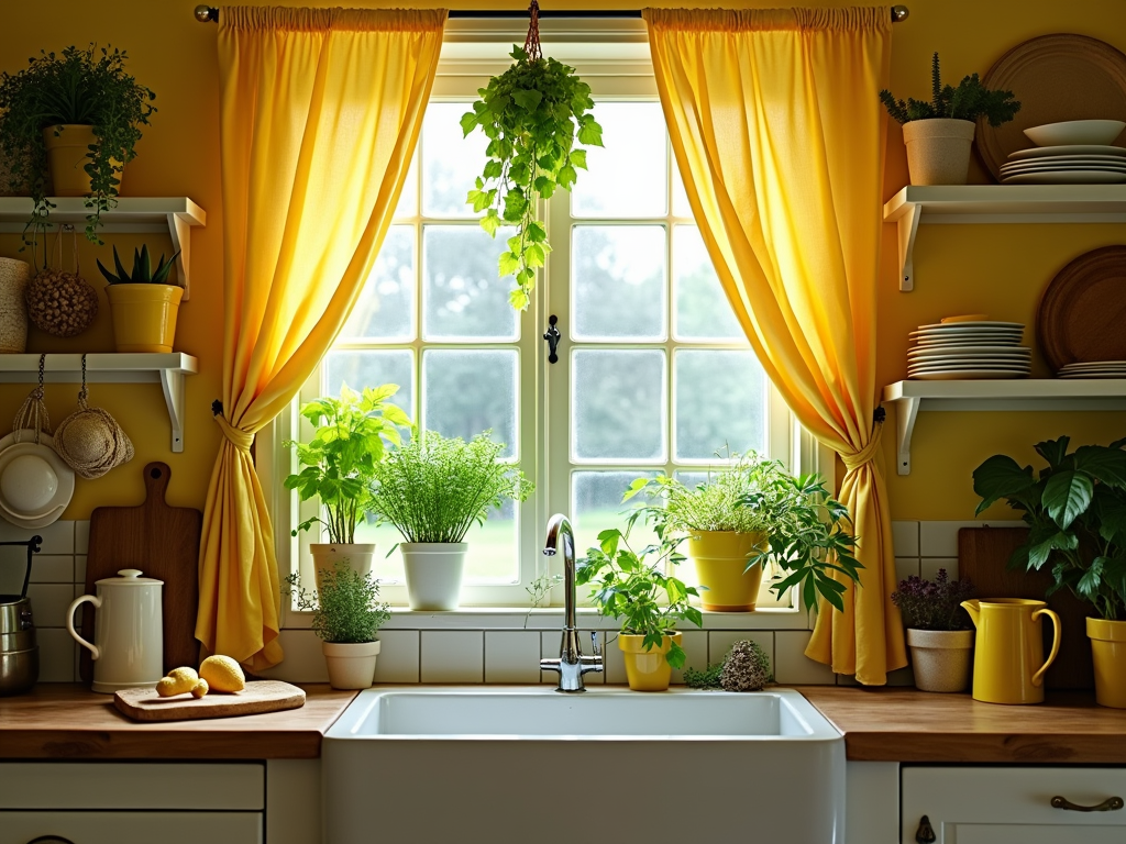 Charming Cottage Kitchen: Bright Yellow Accents & Lush Greenery