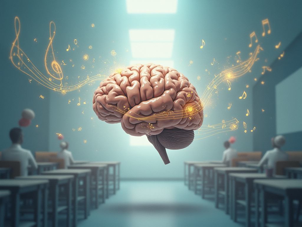 Envision a surreal, layered landscape that visually represents the multifaceted impact of music on cognitive functions. The central focus is a large, translucent human brain floating elegantly in the center of the image, with different sections subtly illuminated in soft, warm tones. Surrounding the brain, ethereal waves of music notes and symbols flow seamlessly, some crisp and clear in classical styles, others blurred and interspersed with abstract, flowing lines representing lyrical distractions. In the background, a serene classroom setting fades into a therapeutic environment with soft, ambient lighting, symbolizing music's educational and therapeutic roles. The overall mood is contemplative and serene, inviting the viewer to ponder the dual nature of music's influence. The color palette consists of soft blues, gentle greys, and touches of gold to signify clarity, calmness, and enlightenment. The artistic style is a blend of realism for the brain and classroom, with impressionistic elements for the musical notes and abstract features, rendered in a digital painting medium to achieve a dreamlike quality with visual depth.