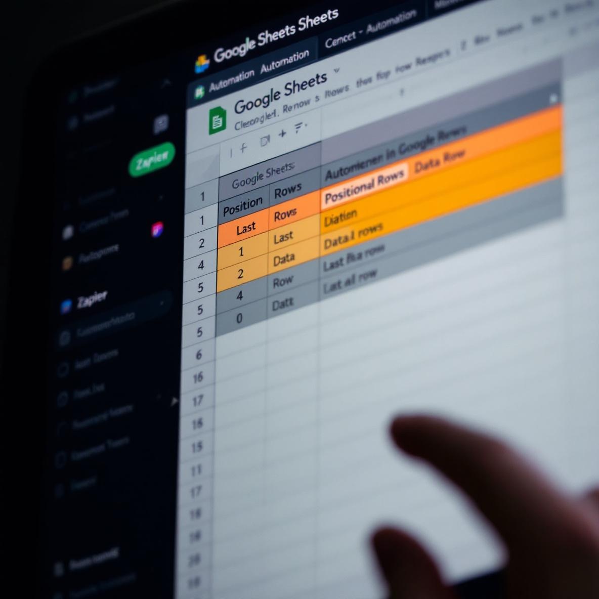 A close-up of a computer screen showing a Google Sheets spreadsheet with the last data row highlighted while someone is actively navigating it. The Zapier logo is visible, symbolizing automation in data handling.