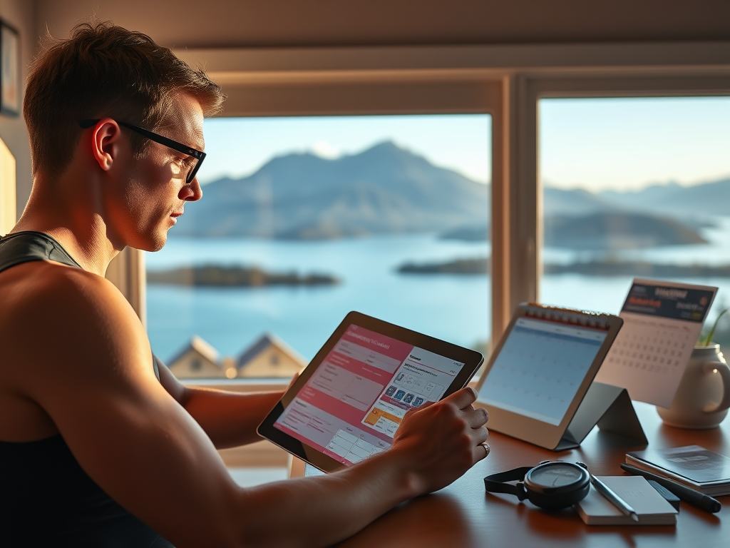 Create a realistic image of a white male triathlete studying a training plan on a digital tablet while seated at a desk with a calendar, stopwatch, and nutrition guide visible, with a window in the background showing a scenic view of Lake Villarrica and Villarrica Volcano in Pucon, Chile, with warm lighting to create a focused and determined atmosphere.