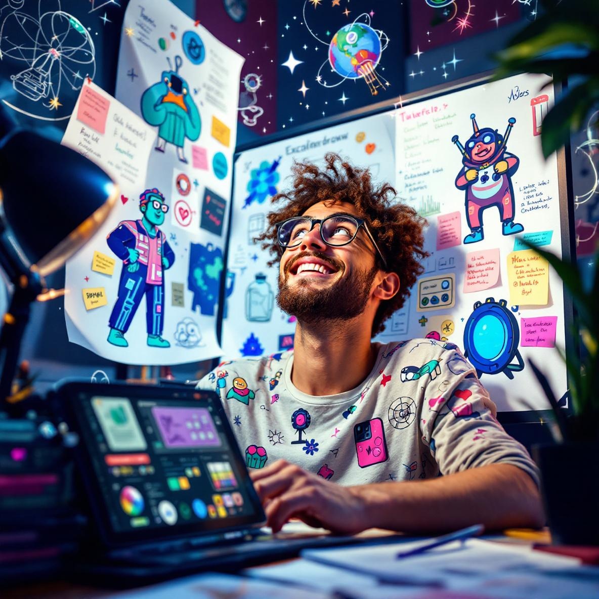 A person enchanted by the use of Obsidian with Excalidraw, interacting with colorful digital drawings and notes on a computer screen, showcasing creativity and innovation.