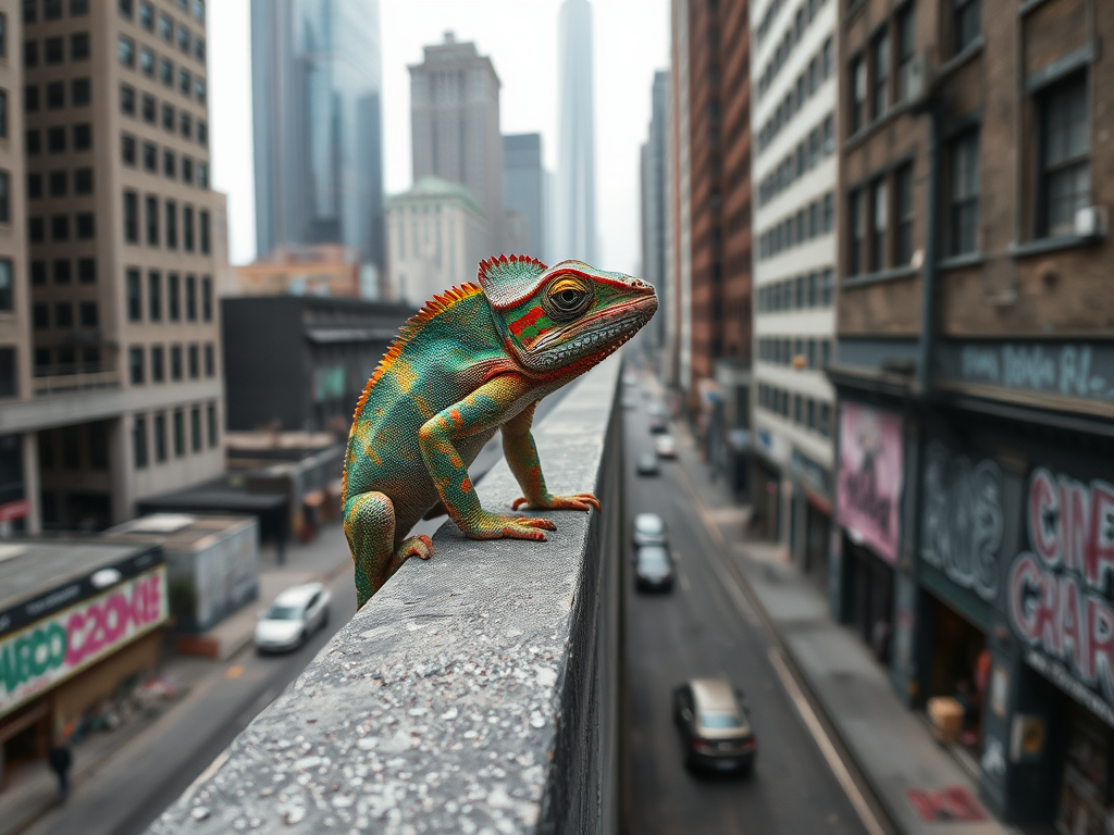 chameleon in grey urban environment