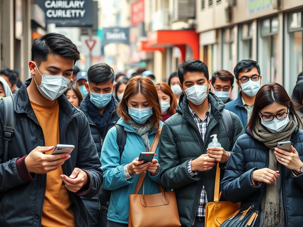 Create a realistic image of a diverse group of people wearing face masks, some looking at smartphones, others using hand sanitizer, with a background showing a city street with closed shops and social distancing markers, conveying a sense of caution and adaptation to viral threats in everyday life.