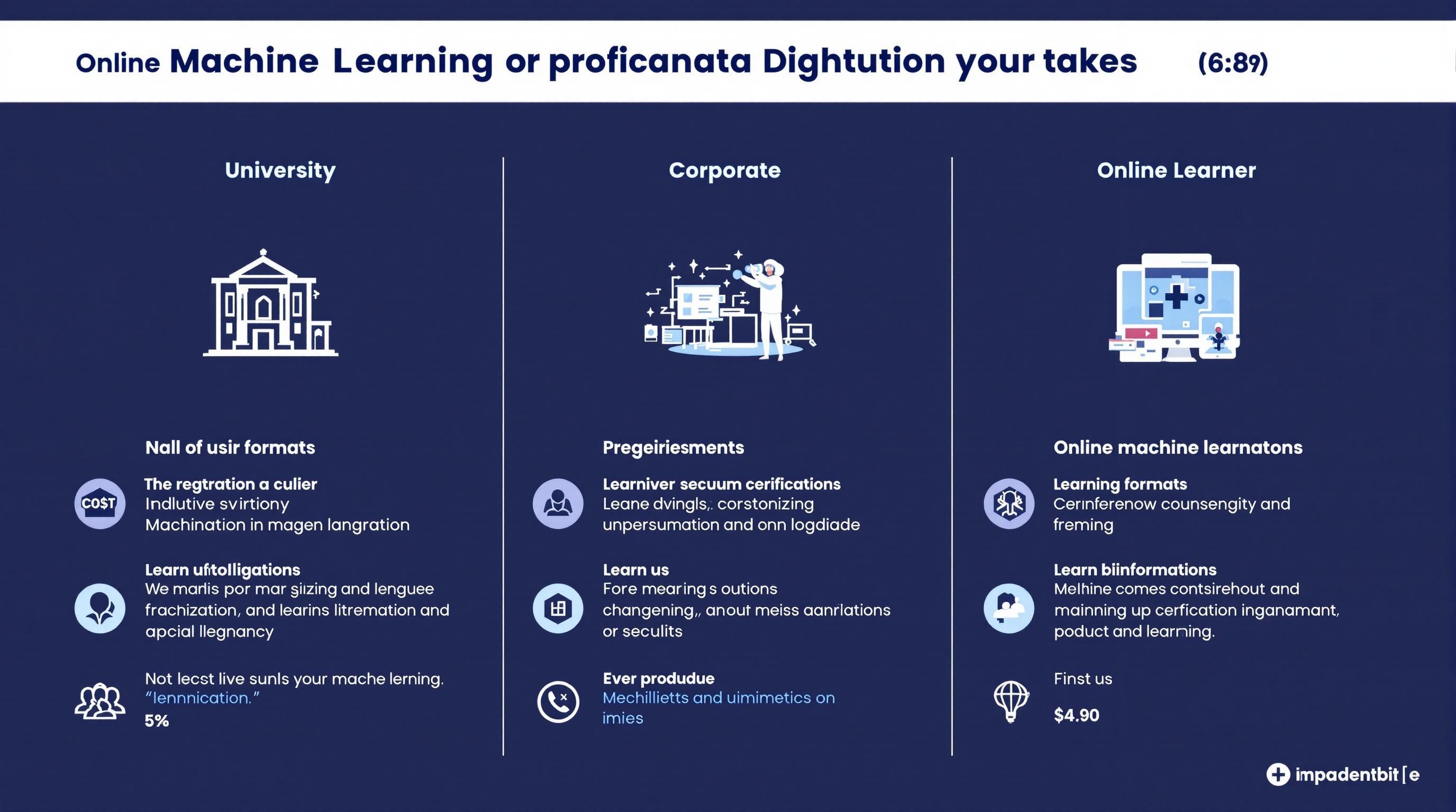 Modern infographic-style illustration comparing different machine learning certification types—university, corporate, online platforms—with icons representing cost, prerequisites, and learning formats, clean and professional design, light color palette, 16:9 aspect ratio