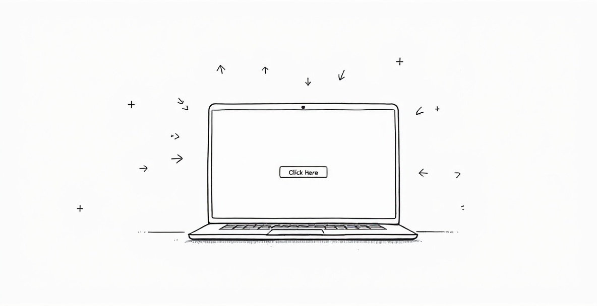 Minimalistic sketch of a laptop with a 'Click Here' button and arrows, illustrating Click-Through Rate (CTR).