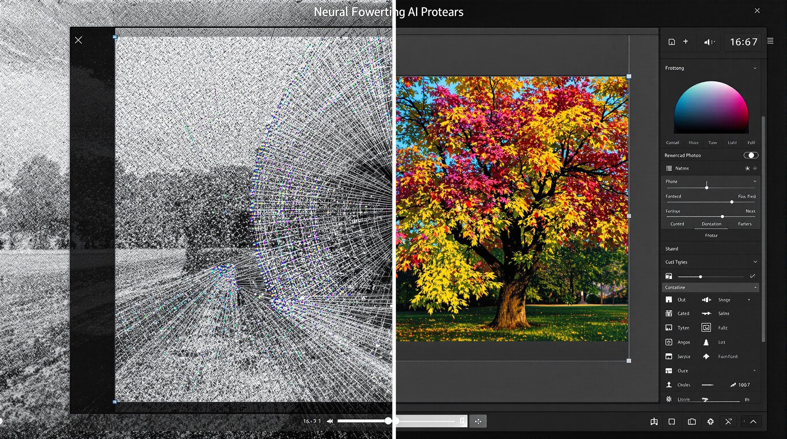 Detailed split-screen showing AI-enhanced photo transformation—left side with a grainy, low-resolution image, right side with a vibrant, high-resolution version—overlay of neural network patterns, modern digital editing interface, professional and clean style, 16:9 aspect ratio