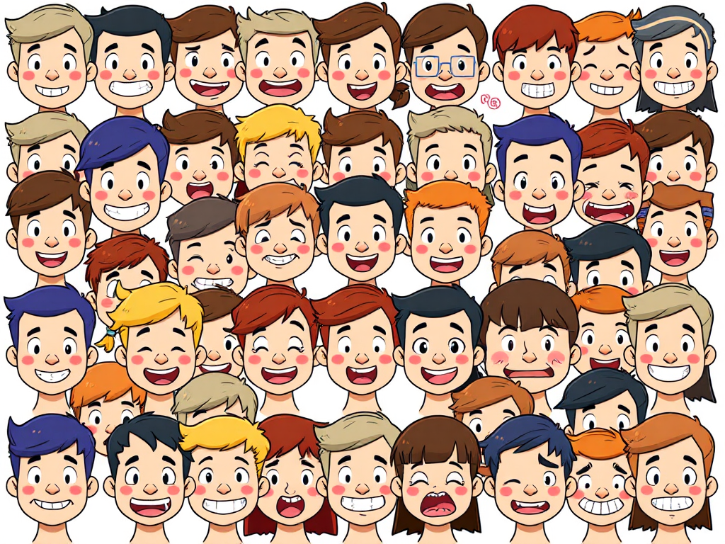 collage of many different cartoon faces of different expressions without facial features