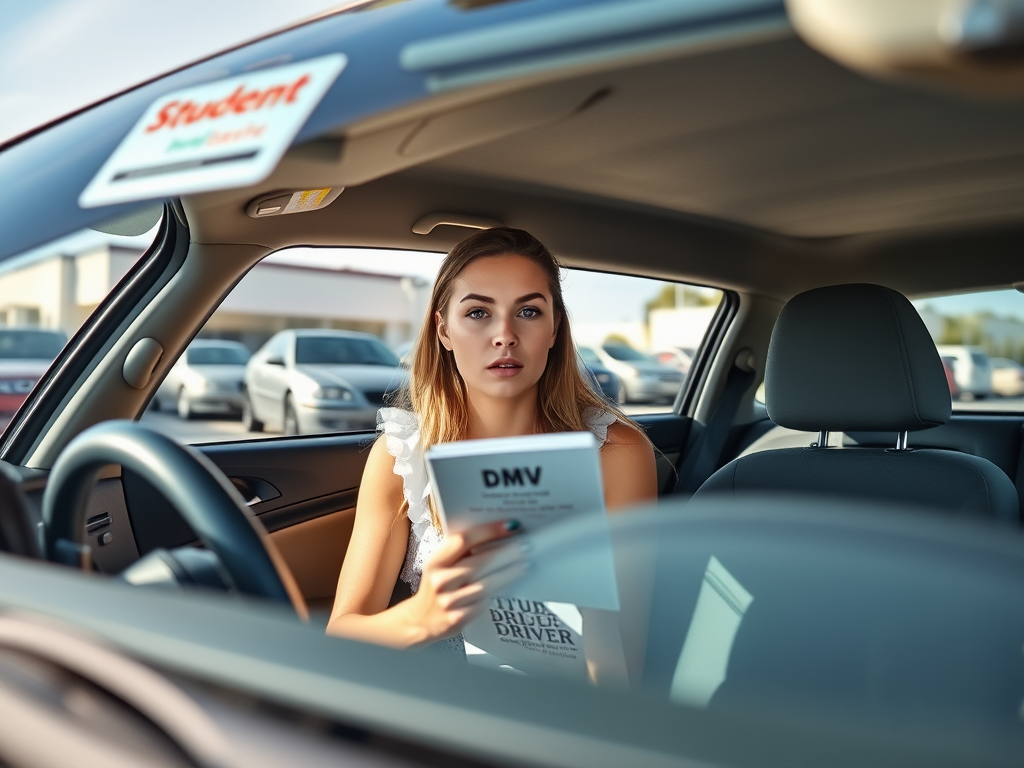 Create a realistic image of a young white female student sitting in the driver's seat of a parked car, looking focused and slightly nervous, holding a DMV handbook, with a driving school instructor's clipboard visible in the passenger seat, and a "Student Driver" sign on the car roof, set in a sunny parking lot with other cars and a DMV building in the background.