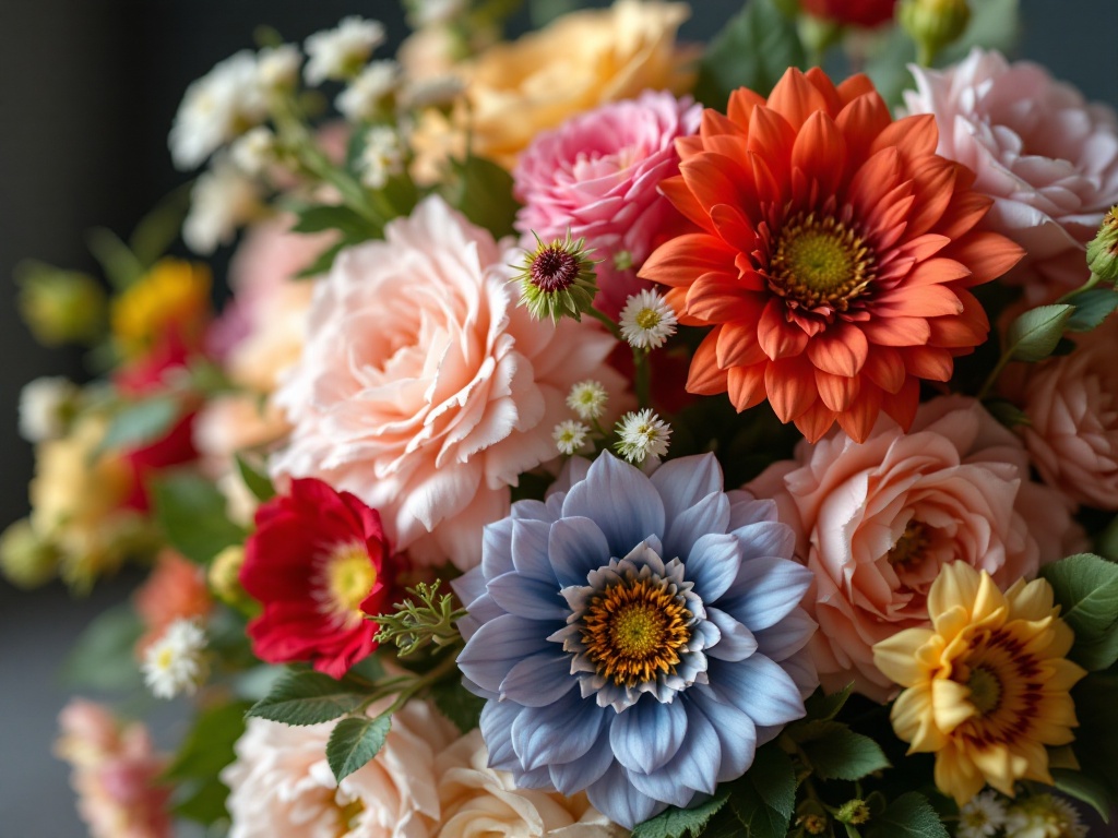 A photorealistic shot capturing a close-up of an exquisite artificial bridal bouquet, showcasing a variety of lifelike flowers in vibrant colors, with intricate details visible on the petals and leaves