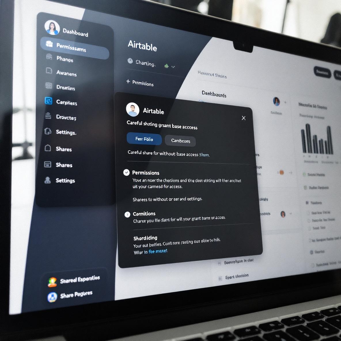 A close-up view of an Airtable dashboard on a laptop, highlighting sharing settings that ensure secure access, with permission options clearly displayed.