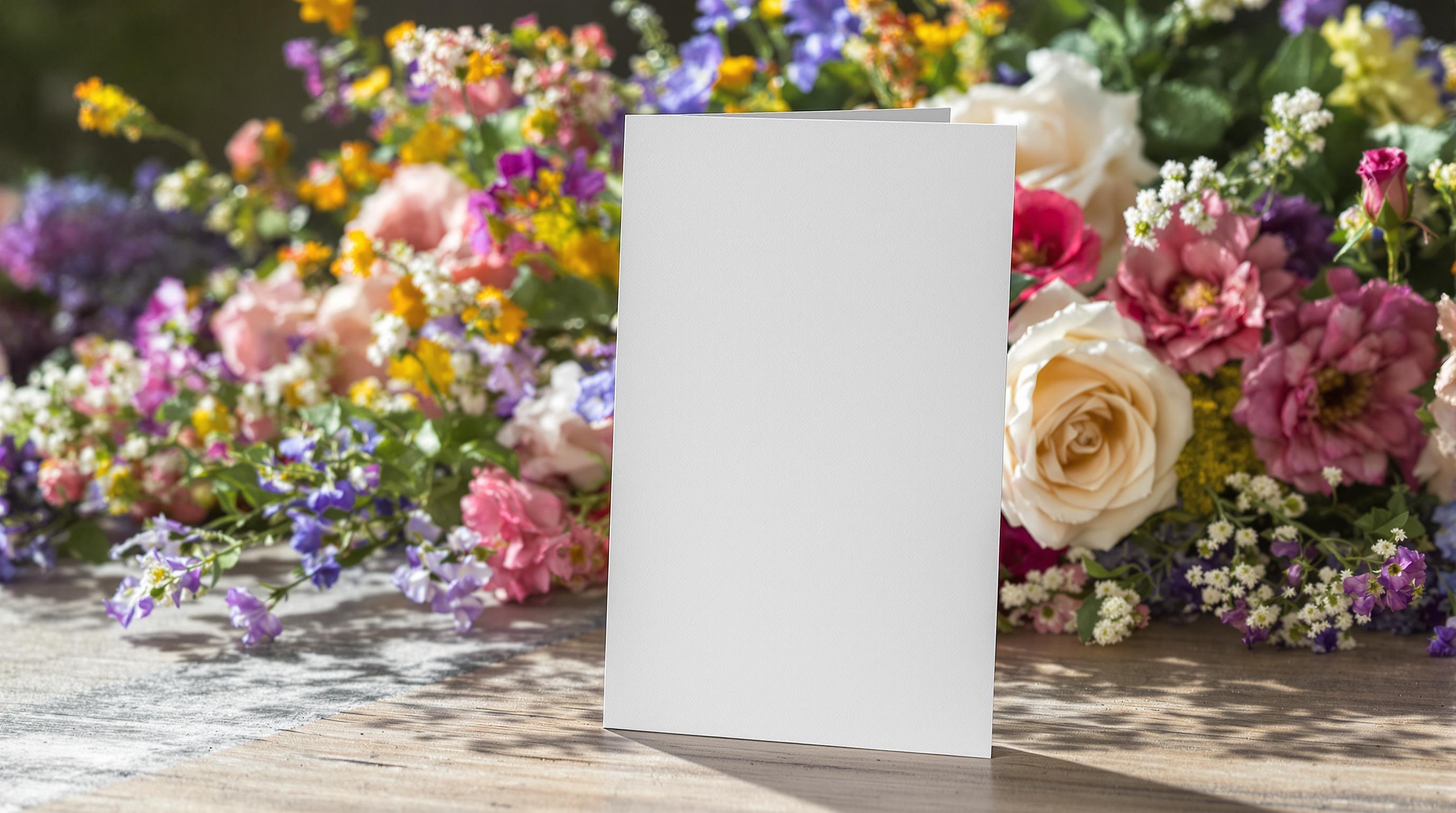 blank vertical greeting card on table with flowers on it