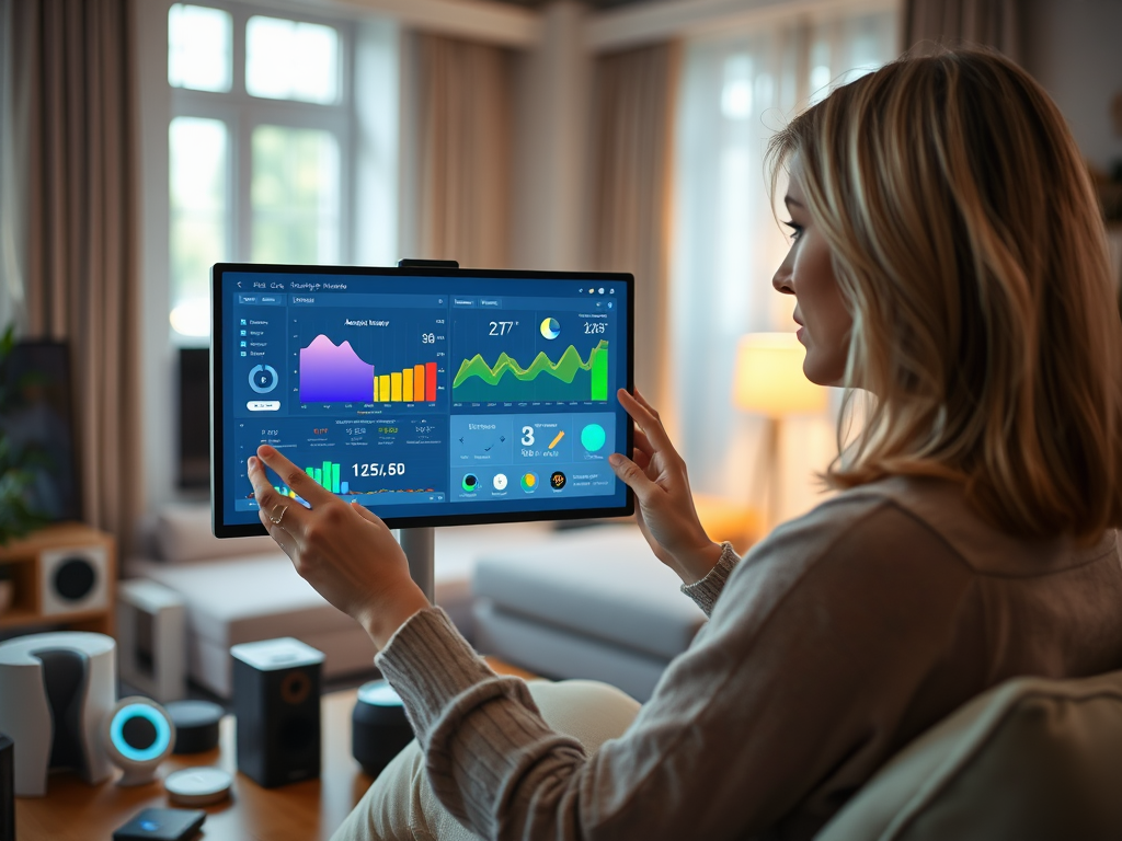 Create a realistic image of a white female in her 30s studying a digital air quality monitor display, surrounded by various smart home devices in a modern living room. The monitor shows colorful graphs and charts representing air quality data. Soft ambient lighting highlights concerned expression on the woman's face as she interprets the information.